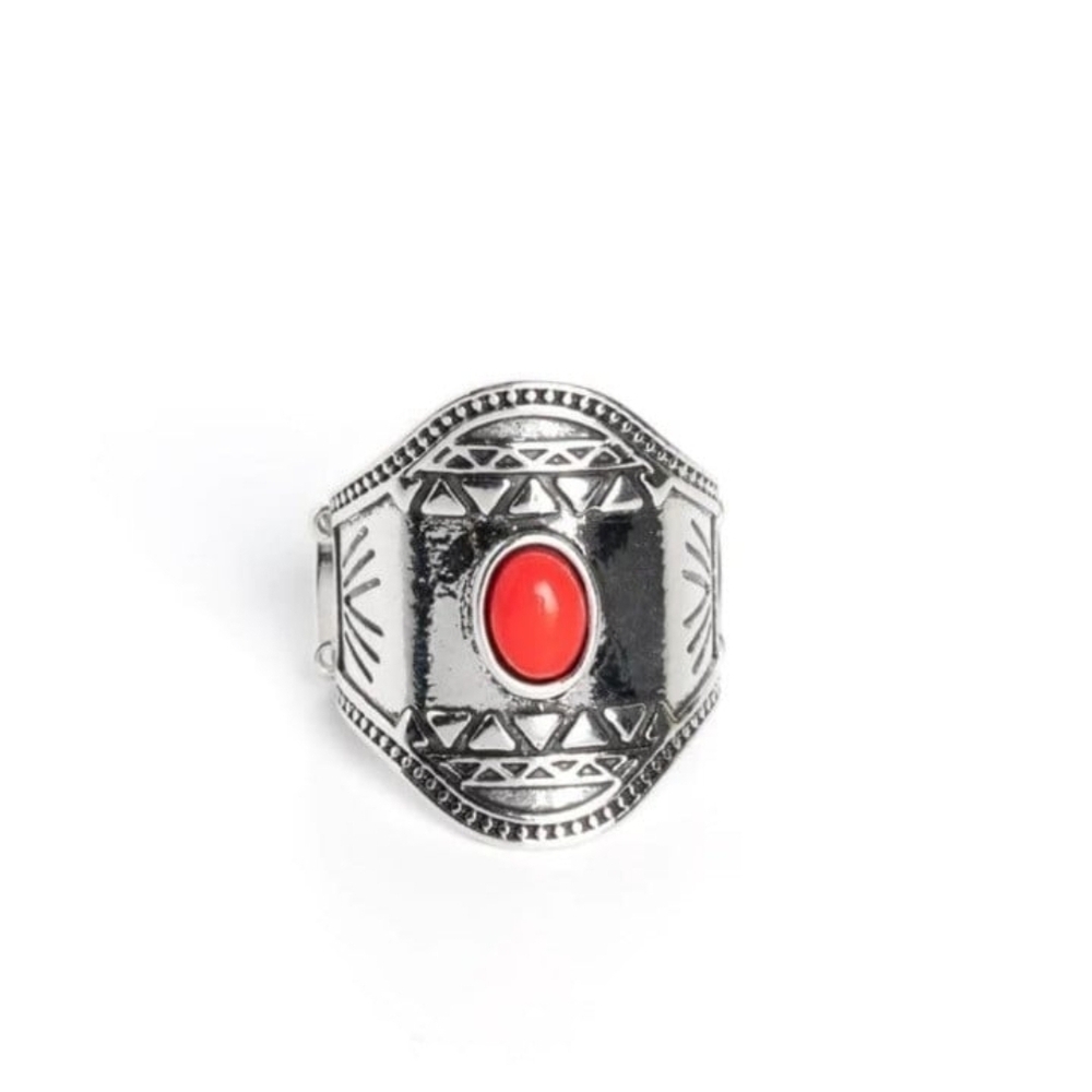 Panoramic Pyramids Paparazzi Silver-Tone Ring with Red Oval Stone